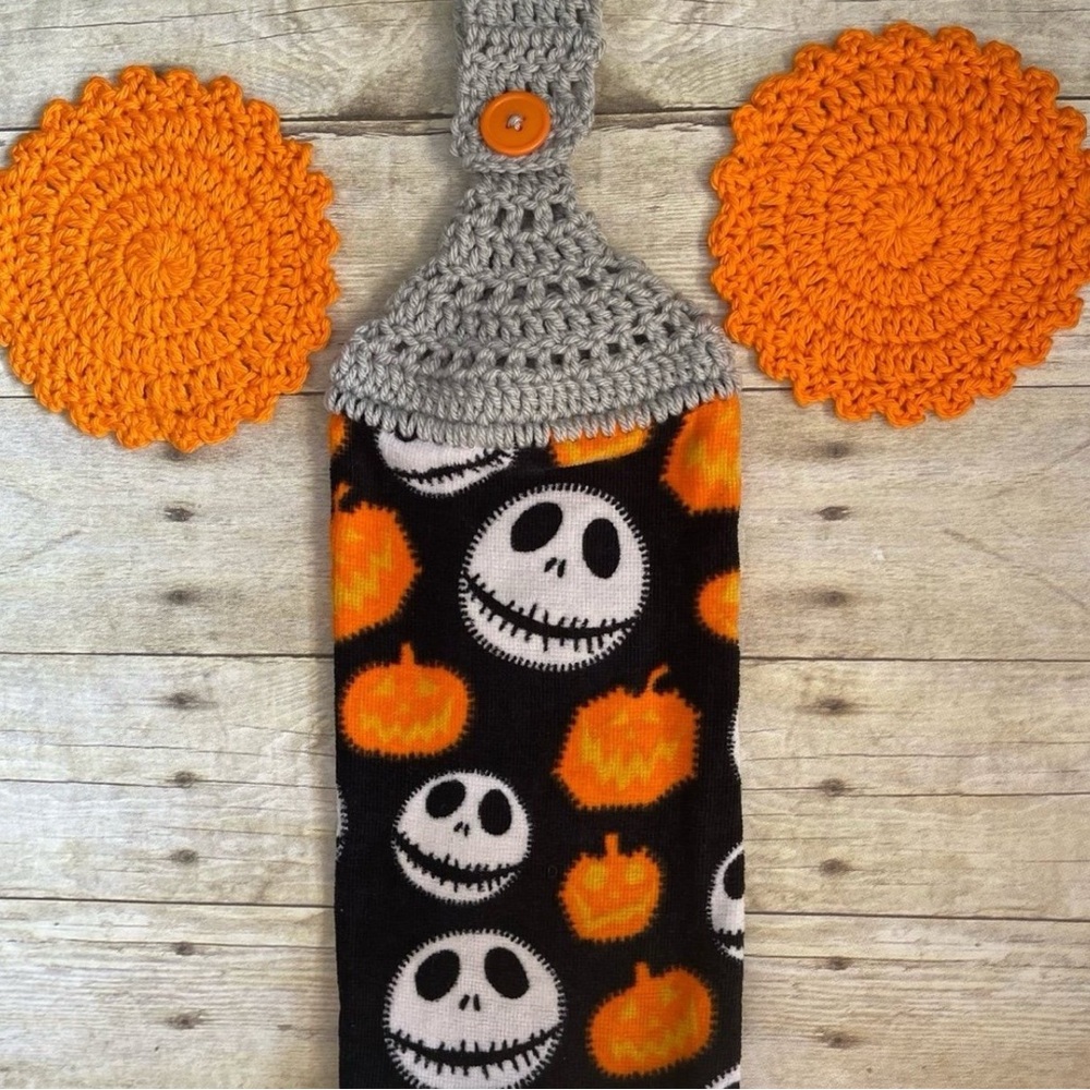 Bundle of Three Halloween Jack Skellington Crochet Top Towel & 2 Doily/Coasters